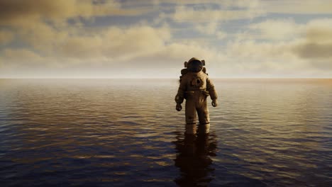 Spaceman-in-the-sea-under-clouds-at-sunset